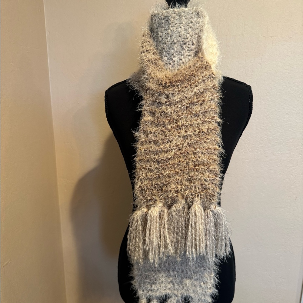 Cozy Tan and Cream Tassled  Knit Scarf. 62 inches long perfect for wrap around
